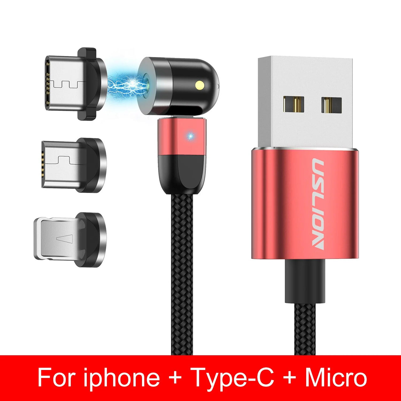 360° Rotation Fast Charging Cable with 3 Heads (iPhone, Type-C, Micro-USB)