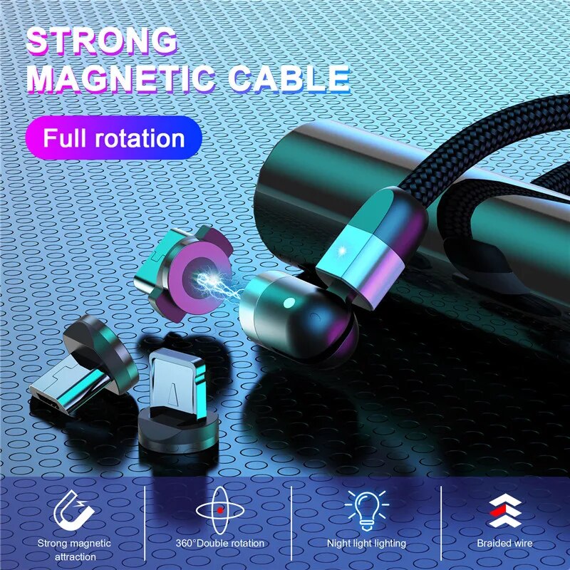 360° Rotation Fast Charging Cable with 3 Heads (iPhone, Type-C, Micro-USB)